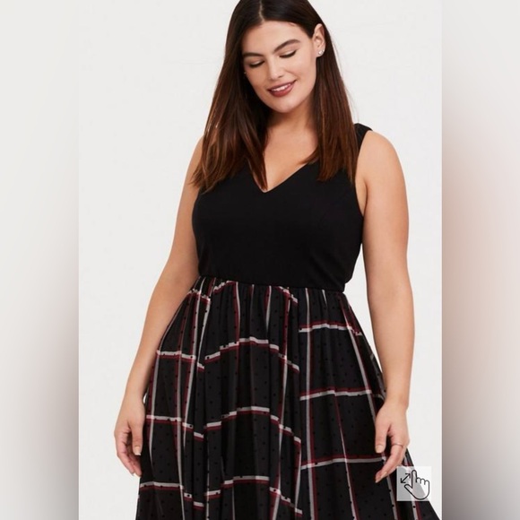 Torrid Midi Chiffon Plaid Skirt Mixed Media Skater Dress Black/Red Plus Size 16 - Picture 3 of 14